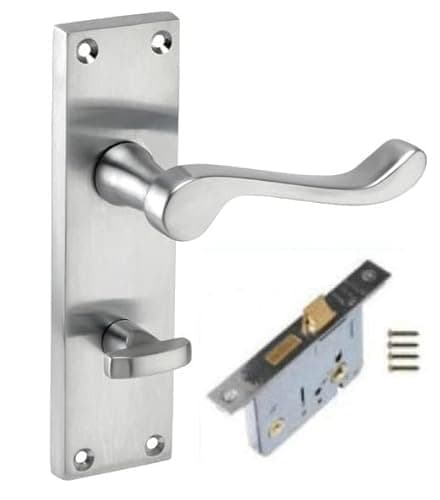 Image of Golden Grace Victorian Scroll Bathroom WC Toilet Door Handles with Bathroom Mortise Lock in Satin Brushed Chrome Finish - 150mm x 40mm