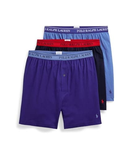 Image of POLO RALPH LAUREN Men's Classic Fit Cotton Knit Boxers, 3 Pack, Cruise Navy/Aerial Blue/Rugby Royal, S