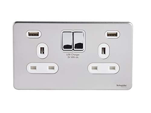 Image of Schneider Electric Ultimate Screwless Flat Plate - Switched Double Power Socket, Double Pole, 13A, With USB Charging Ports, GGBGU3424DWPC, Polished Chrome With White Insert