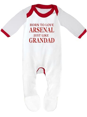 Image of Cheekytots Arsenal Baby Sleepsuit 'Born To Love Arsenal Just Like Grandad Soft 100% Combed Cotton Football-Themed Baby Sleepsuit for Football Fans (UK, Age, 3 Months, 6 Months, White/Red Trim)