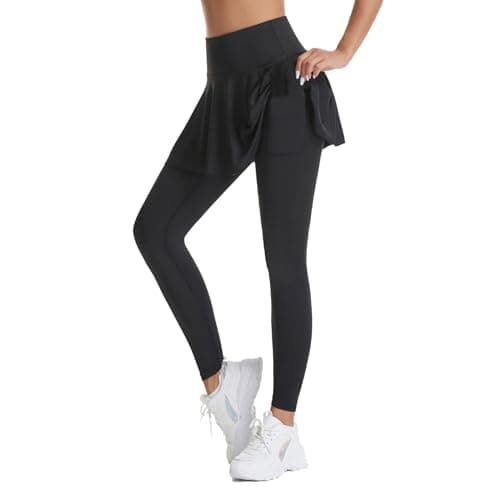 Image of Womens High Waisted Running Leggings, Tennis Skirts with Leggings, Full Length Skirted Trousers for Women Sports, High Waisted Tennis Skirts, Sport Tennis Pants for Women Black
