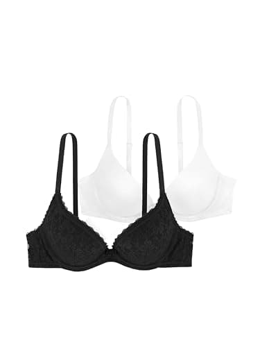 Image of DORINA Women's Sonia Push-Up Plunge Bra 2-Pack - Underwired Moulded Cups with Lace and Smooth Micro Fabric for Lift and Comfort, Black and White