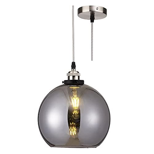 Image of Brushed Chrome & Smoked Domed Globe Glass Vintage Retro Pendant Ceiling Light | 25cm Diameter | Silver Braided Cable | 1 x ES E27 Lamp Bulb Required | 240 Volts | Bedroom - Lounge - Kitchen