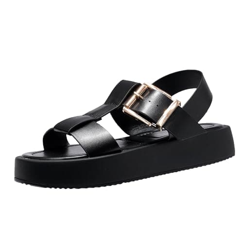 Image of INNERSECT CO Women’s Platform Sandals Adjustable Buckle Strap Open Toe Comfort Flat Summer Casual Shoes (BLACK, Adult, Women, 6, Numeric, UK Footwear Size System, Medium)