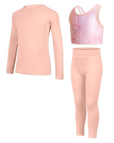 Image of JiAmy Girls Yoga Leggings Girls Athletic Leggings Training Bras Set Kids Gym Crop Tank Top Activewear Set for 11-12 Years Pink
