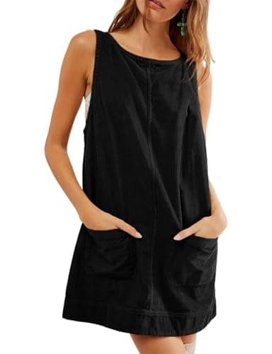 Image of SotRong Black Corduroy Mini Dresses for Women UK Spring Winter Autumn Overall Dress Round Neck A Line Skirtall Jumper Sleeveless Babydoll Dress Pinafore with Pockets S