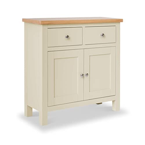 Image of RoselandFurniture Farro Mini Cream Sideboard for Living Room Painted Small Storage Cabinet | Fully Assembled Solid Wood 2 Door Cupboard with 2 Drawers & Oak Top for Kitchen Dining Room or Hallway