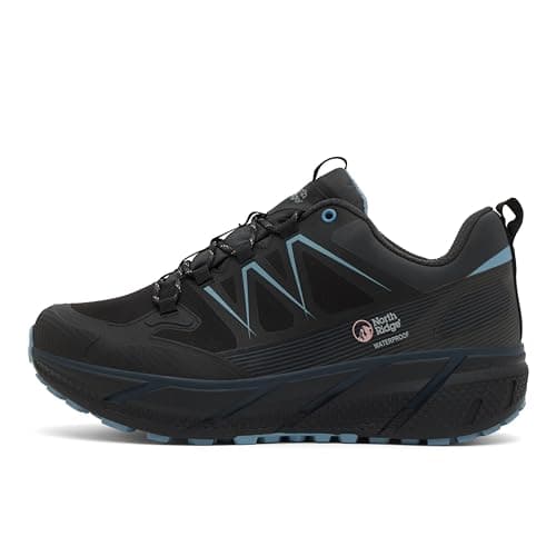 Image of NORTH RIDGE Women's Flux Speed Mid Walking Shoes with High Traction Rubber Sole, Waterproof, Breathable (Black/Blue, UK Footwear Size System, Adult, Women, Numeric, Medium, 4)