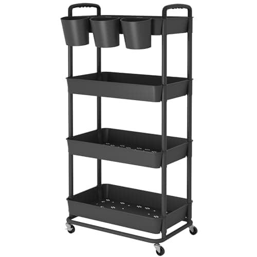 Image of JIUYOTREE 4-Tier Plastic Rolling Storage Cart Utility Cart with Extra Hanging Cups Handles Lockable Wheels for Living Room Bathroom Kitchen Office Black