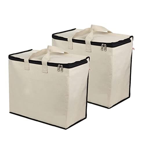 Image of Nobel Canvas Reinforced Cotton Handles with Multipurpose Clothes Storage Organizer for Grocery, shopping, Laundry and Covers Zip Bags - PACK OF 2 (Cream with Black Edges)
