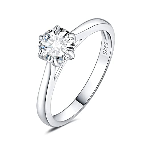 Image of JewelryPalace Classic 0.5ct Round Cut Moissanite Solitaire Engagement Rings for Women, 14K White Gold Plated 925 Sterling Silver Promise Ring for Her, Simulated Diamond Anniversary Wedding Rings I