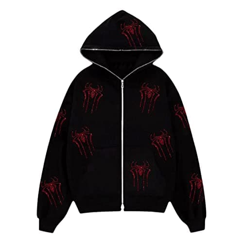 Image of Rhinestone Graphic Zip Up Hoodies for Women Oversized Y2k Skeleton Print Sweatshirt Goth Harajuku Jacket PunkGrunge Pullover Streetwear (Black Red Spider, X-Large)