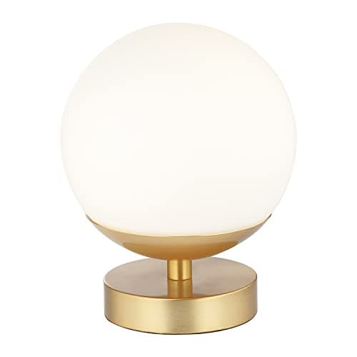 Image of Happy Homewares Modern Touch Dimmable Energy Efficient LED White Globe Glass Table Lamp with Brushed Gold Base | 19cm x 15cm | 5w LED = 40w | Low Medium and High Light Settings