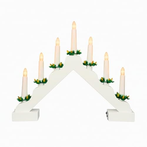 Image of SHATCHI Traditional Wooden Pre-Lit White Candle Bridge Light 7 LEDs Bulbs - Battery Powered - Window Christmas Tree Home Office Desk Light Holiday Xmas Festive Decoration