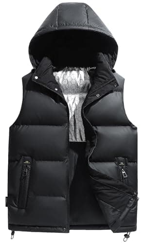 Image of AIEOE Men’s Gilet Down Look Puffer Vest Outdoor Bodywarmer with Hood Windproof Waistcoat Water-Repellent Black Quilted Label Size S/UK Size XS