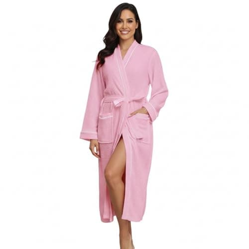 Image of RONGTAI Women's Waffle Weave Robe - Solid Colour Bathrobe, Soft, Absorbent & Cosy for Spa, Home and Gifting (UK, Alpha, L, Regular, Regular, Pink)