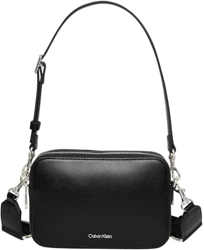 Image of Calvin Klein Women's WEBBING DOUBLE STRAP CAMERA BAG LV04F3165G Crossover, Black (BLACK/OLD SILVER), One Size