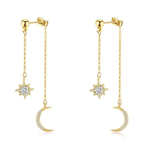 Image of Weviway Sterling Silver Moon and Star Drop Earrings,14K Gold Plated, CZ Crystal Chain Dangle, Celestial Wedding Jewellery