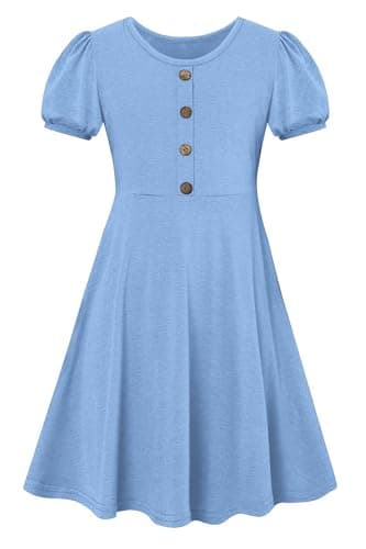 Image of SFreeBo Girls Dress Summer Blue Cotton Lantern Short Sleeve Dresses Girls Cute Dress Kids Elasticity Casual Midi Sundress Yellow Dress Girls for 7-8 Years