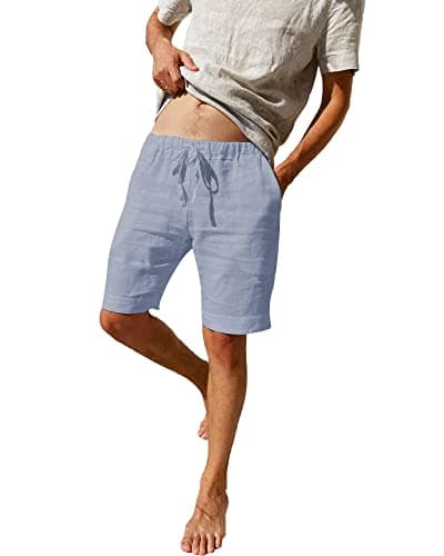 Image of LVCBL Men's Casual Sports Linen Shorts - Light Blue Beach Holiday Shorts with Elastic Waist and Pockets Light Blue XL