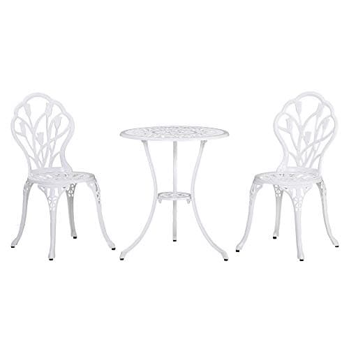 Image of Outsunny 3 Piece Patio Bistro Set for 2, Outdoor Aluminium Garden Table and Chairs with Umbrella Hole for Balcony, White