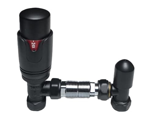 Image of Matt Black Thermostatic Radiator Valves & Lockshield Angled 15mm x 1/2" Pack TCEM