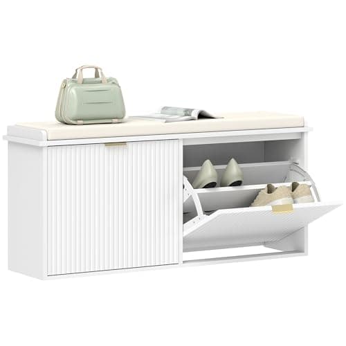 Image of HOMCOM Shoe Bench with Padded Seat Cushion and Flip-Drawer, Shoe Cabinet Holds up to 240kg for Hallway, Entryway and Porch, 104x26x47.5cm, White