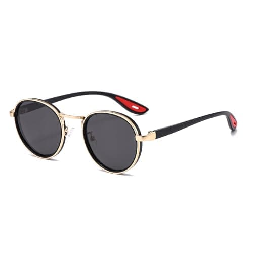 Image of LJCZKA Retro Round Polarized Sunglasses for Men Women Vintage Circle Polarised Sunglasses Trendy Metal Frame Shades Unisex UV400 Protection (Black Gold Grey)