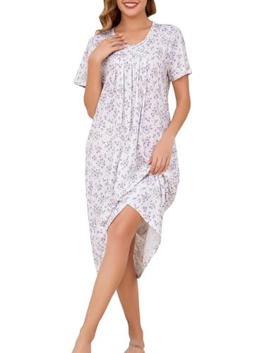 Image of Vlazom Women's Long Nightgown Pleated Casual Nightdress Short Sleeve Soft Nighties Nightwear with Pockets,Purple Flower,M