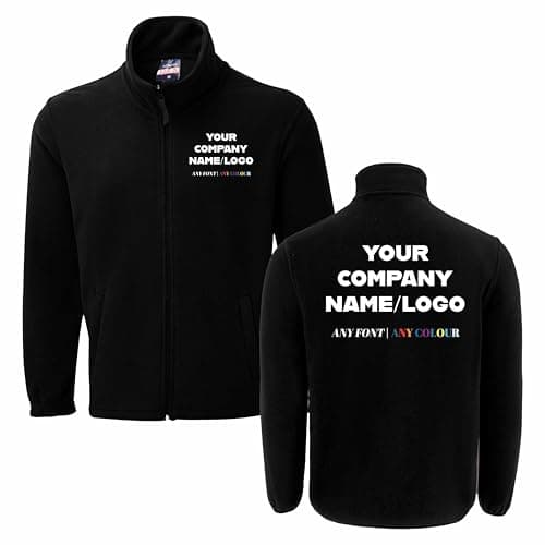 Image of FULLY MERCHED Personalised Fleece Jacket Custom Logo Text Sweatshirt Adult Full Zip Workwear Company Name and Logo Print Black XL