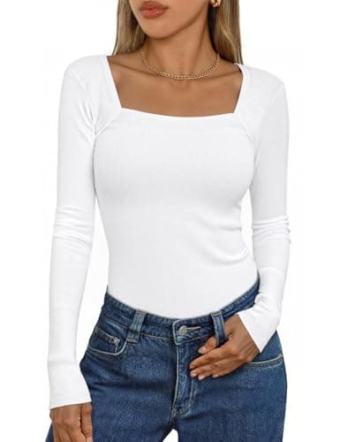Image of Aottori Long Sleeve Top for Women UK Square Neck Tunic Tops Ladies Ribbed Knit Slim Fit Shirts Casual Trendy Solid Stretchy Pullover Tee White S