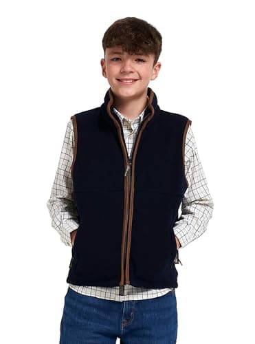 Image of JACK PYKE Junior Kids Countryman Thermal Fleece Gilet – Warm 300g Sleeveless Outdoor Bodywarmer with Zipped Pockets and Faux Leather – Country Style Vest for Boys & Girls - Navy Blue, Size 11-12 Years