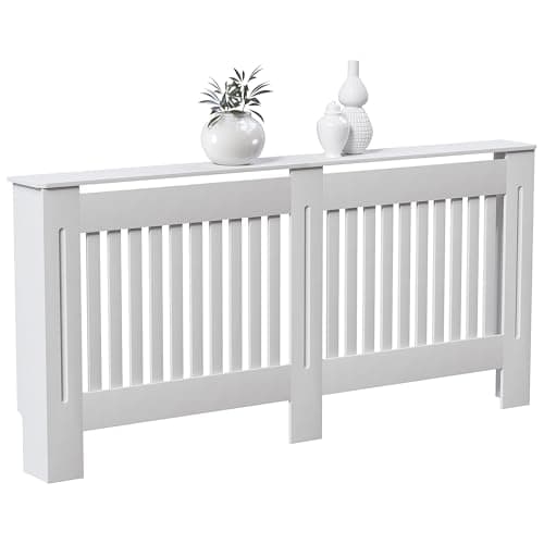 Image of Vida Designs Chelsea Radiator Cover White - Extra Large - Modern Vertical Slat Design For Optimal Heat Circulation - H82xW172xD19cm - Painted MDF Cabinet Ideal For Living Room & Hallway