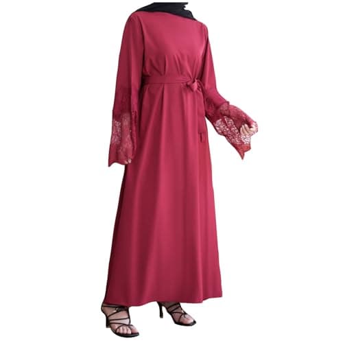 Image of AnnSemo Women Muslim Dress Middle East Arabian Robe Islamic Lace Stitching Long Sleeve Maxi Dress Temperament Prayer with Belt Abaya Jilbab Dubai Kaftan for Eid Ramadan