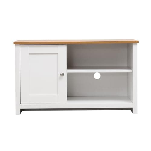 Image of Wooden TV Stand Cabinet TV Unit with 1 Door and Shelves TV Storage Unit Entertainment Multimedia Centres Small Space for Living Room Furniture (White + Oak Color)