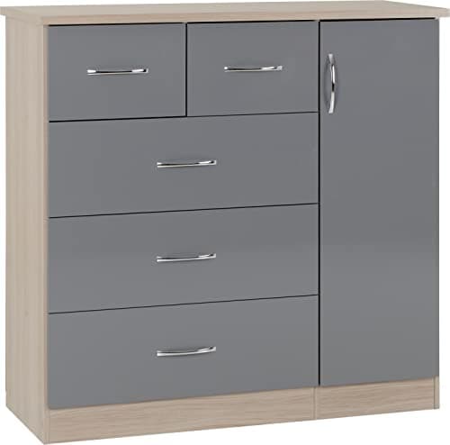 Image of Seconique Nevada 5 Drawer Low Wardrobe in Grey Gloss/Light Oak Effect Veneer