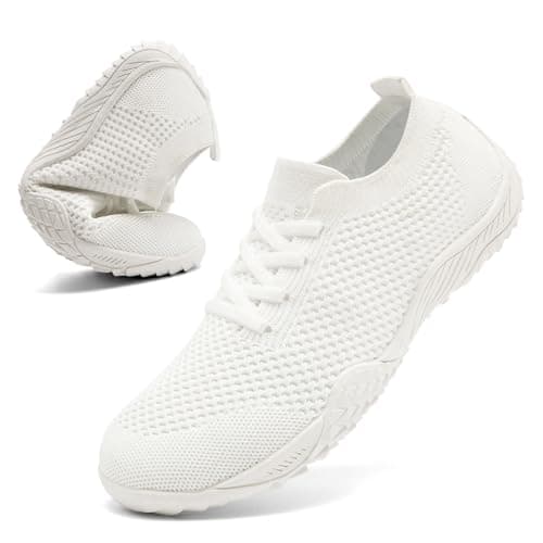 Image of Barefoot Shoes Womens White Trainers Women Gym Walking Trainers Sport Outdoor Slip on Sneakers Women Minimalist Hiking Trail Running Shoes White Size 4