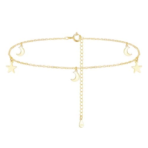 Image of Kamise 925 Sterling Silver Adjustable Anklet Bracelet for Lady, Silver Anklet for Women, Summer Barefoot Beach Water Resistant Ankle Gold Bracelet Gift Box, 22+5cm Resizeable Chain Star Moon Anklet