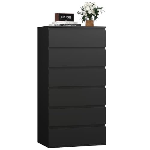 Image of FOREHILL Chest of Drawers with 6 Drawers 119cm Tall Storage Cabinet Black Chest of Drawers Dresser Wooden Cupboard for Bedroom Living Room 60x40x119cm