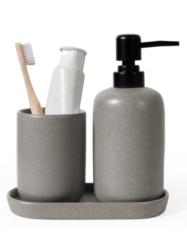 Image of Autumnlife Ceramic Bathroom Set, Grey, 3-Piece Bathroom Accessory Set, Stone Look Bathroom Accessories Includes Slim Soap Dispenser, Toothbrush Cup & Storage Tray for Bathroom, Sink, Hotel