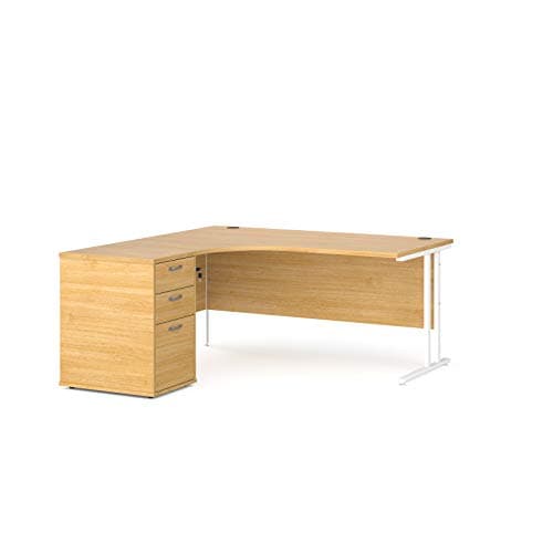 Image of Mr Office Maestro 25 left hand ergonomic desk with white cantilever frame and desk high pedestal bundle, Oak, 1600