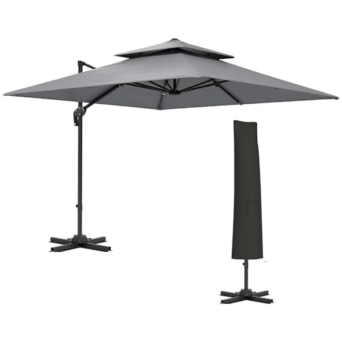 Image of Outsunny 3 x 3 m Cantilever Parasol with Aluminium Frame, 360° Rotation, Tilt and Crank, Double Top Garden Umbrella with Cover, Only Cross Base Included, Light Grey