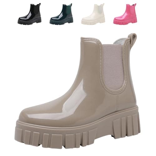Image of DRECAGE Wellies Women Waterproof Stylish Wellington Boots Short Chelsea Ladies Chunky Sole Rain Boots Outdoors Walking Apricot 6 UK