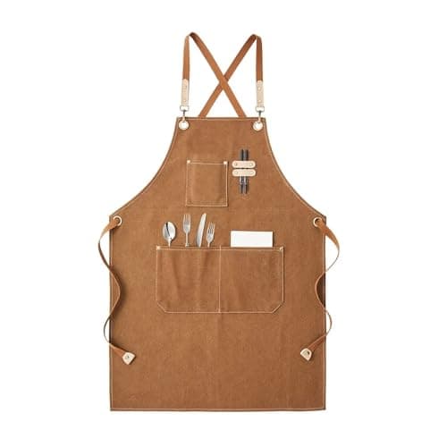 Image of Godneei Heavy Duty Work Apron with 3 Pockets for Men & Women, Antifouling Canvas Tool Apron, Adjustable Neck & Waist Straps for BBQ, Cooking, Gardening, DIY, Brown, 127 cm