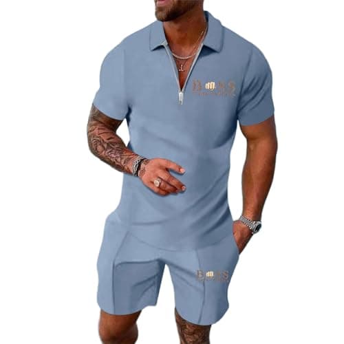 Image of Men's Tracksuit Polo Shirt & Shorts 2 Pieces Boss Flexx Apparel Men's 2-Piece Activewear Short Sleeve Polo Shirt and Shorts Set Casual Sportswear Zip-Up Top with Pocketed Pants (Sky Blue-1, M)