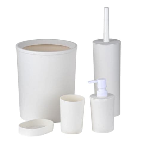 Image of BATHROOM SET 5 PIECE ACCESSORY Lotion Dispenser, Toothbrush Holder, Tumbler Cup, Soap Dish, Trash Can And Toilet Brush (White)