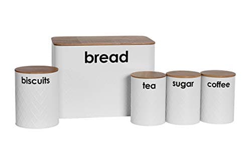 Image of 5pc Kitchen Storage Set with Airtight Bamboo Lids Includes Tea Coffee Sugar with Matching Biscuit Barrel Canister Jar & Bread Bin by Crystals® (White)