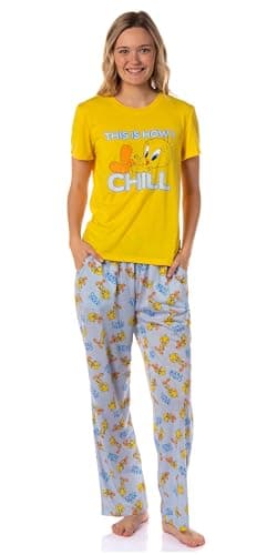 Image of Looney Tunes Women's This Is How I Chill Tossed Tweety Bird Pyjamas Pajamas Sleep Short Set, Yellow, L