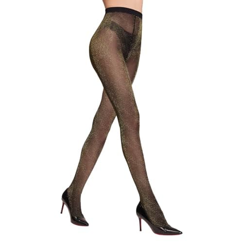 Image of MANZI Sparkly Tights Women Shiny Lurex Tights Metaillic Fiber Shine Opaque Pantyhose 1 Pairs 50D Black/Gold,S-M