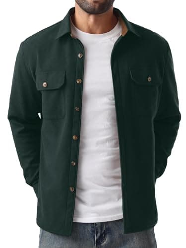 Image of QIXING Men's Fleece Lined Corduroy Shirt Button Down Long Sleeve Jacket Trucker Overshirt Autumn Winter Coats with Flap Pockets (Dark Green, XL)